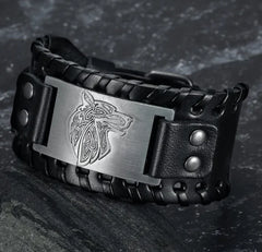 Asgard Leather Buckle Arm Cuff with Fenrir Design